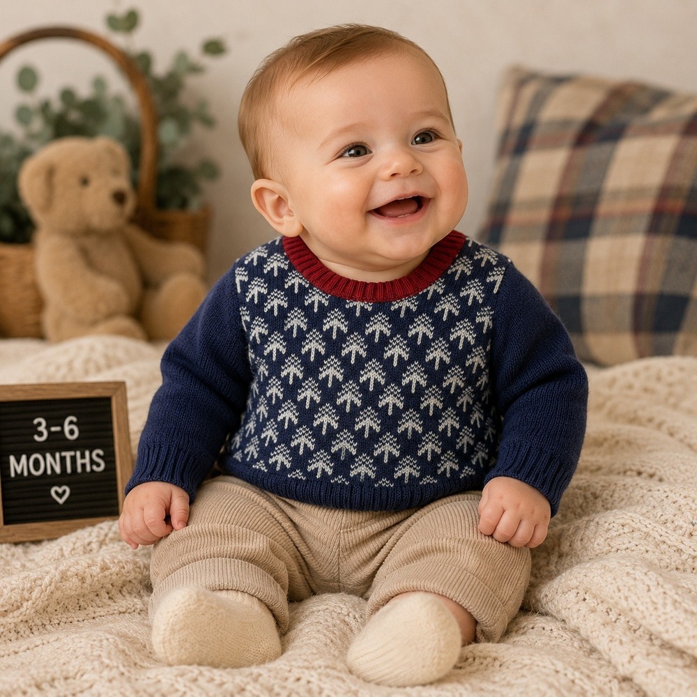 Janie and Jack Boys‎ Navy Blue Fair Isle Tree Cotton Knit Sweater 3-6 Months